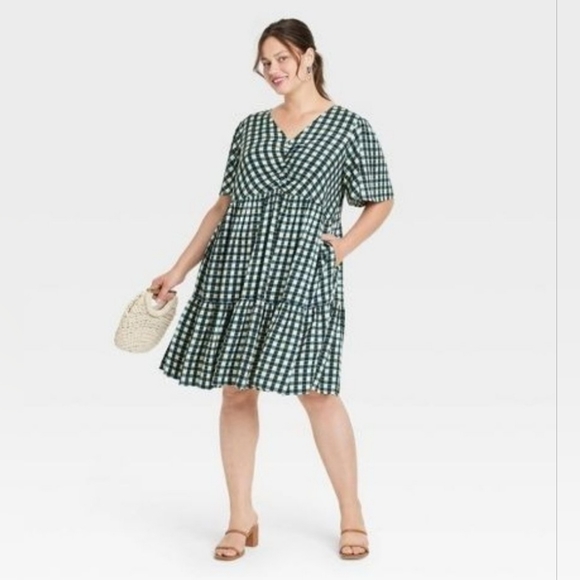 Dress- Ava & Viv Plus Size Flutter Short Sleeve Tiered Midi Dress Gingham - Picture 8 of 13